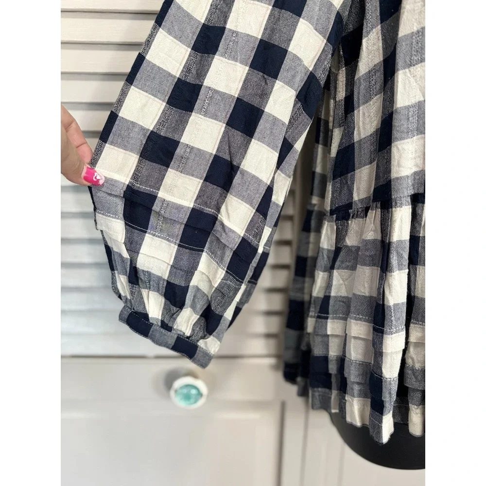 American Eagle Blue/White Plaid Buttons Tiered Long Sleeve Size‎ S Flowy Ruffles
